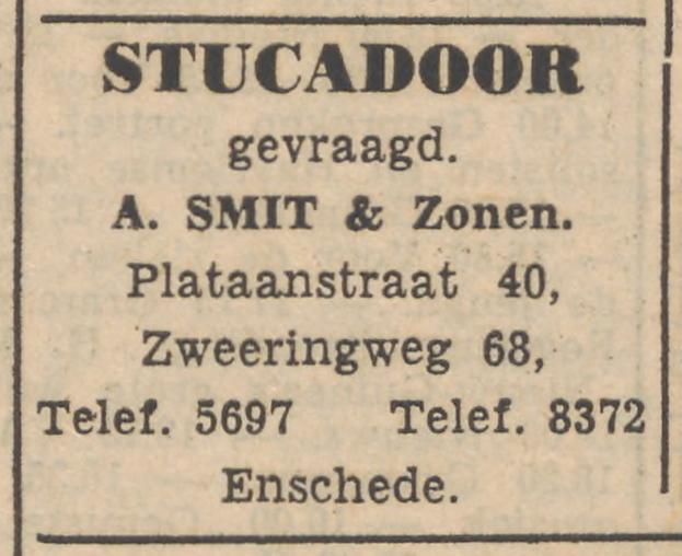 Plataanstraat 40 Stucadoorsbedrijf A. Smit & Zonen. advertentie Tubantia 19-8-1952.jpg