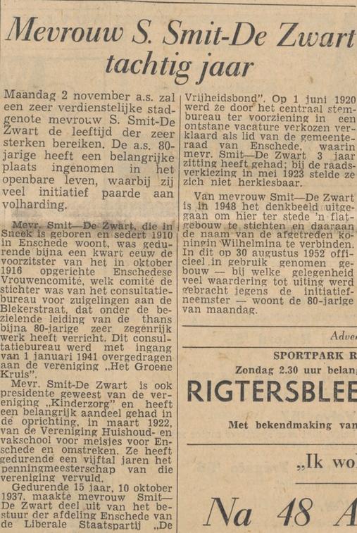 Mevr. S. Smit-de Zwart. krantenbericht Tubantia 31-10-1959.jpg