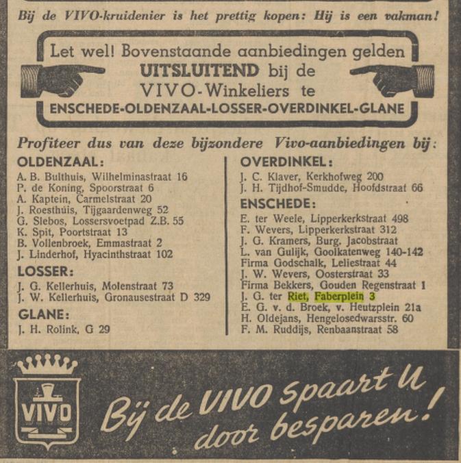 Faberplein 3 J.G. ter Riet Vivo winkel advertentie Tubantia 1-4-1953.jpg