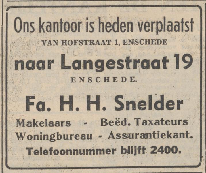 Hofstraat 1 hoek Langestraat makelaarskantoor Fa. H.H. Snelder advertentie Tubantia 4-11-1952.jpg