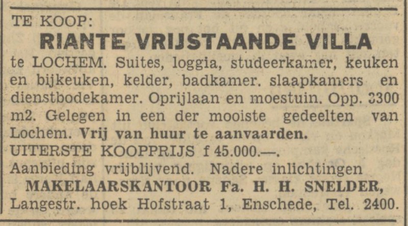 Hofstraat 1 hoek Langestraat makelaarskantoor Fa. H.H. Snelder advertentie Tubantia 3-10-1950.jpg