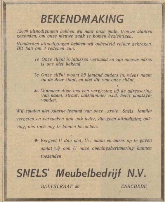 Beltstraat 50 Snels meubelbedrijf advertentie Tubantia 22-10-1958.jpg