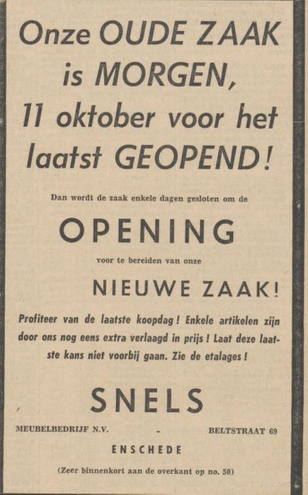 Beltstraat 67 Snels meubelbedrijf advertentie Tubantia 10-10-1958.jpg