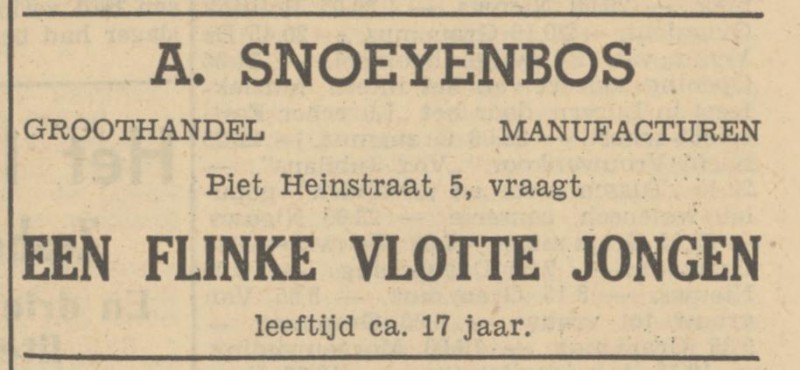 Piet Heinstraat 5 A. Snoeyenbos Groothandel manufacturen advertentie Tubantia 9-8-1950.jpg