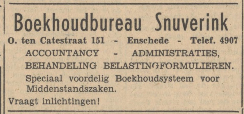 Othmar ten Catestraat 151 Boekhoudbureau Snuverink advertentie Tubantia 6-10-1947.jpg
