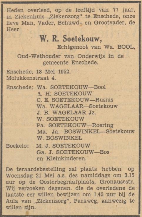 Molukkenstraat 4 W.R. Soetekouw overlijdensadvertentie Tubantia 19-5-1952.jpg