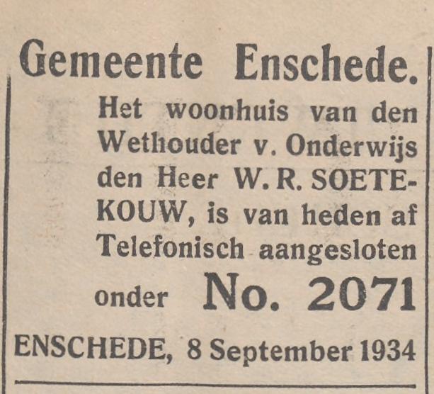 Molukkenstraat 4 W.R. Soetekouw Wethouder van Onderwijs advertentie Overijsselsch dagblad 10-9-1934.jpg
