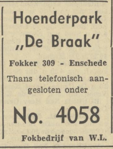 De Braakweg Hoenderpark De Braak advertentie Tubantia 24-2-1950.jpg