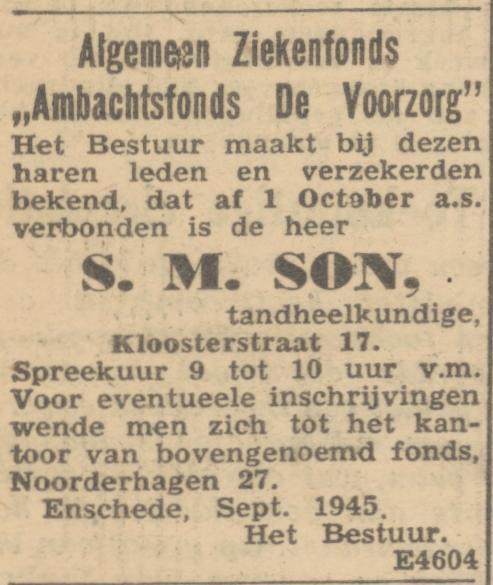 Kloosterstraat 17 S.M. Son Tandheelkundige advertentie Trouw 28-9-1945.jpg