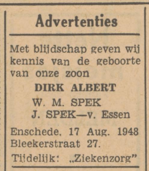 Blekerstraat 27 W.M. Spek advertentie Tubantia 18-8-1948.jpg