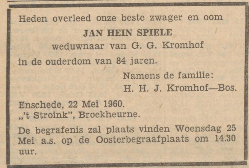 Broekheurne 't Stroink J.H. Spiele overlijdensadvertentie Tubantia 23-5-1960.jpg