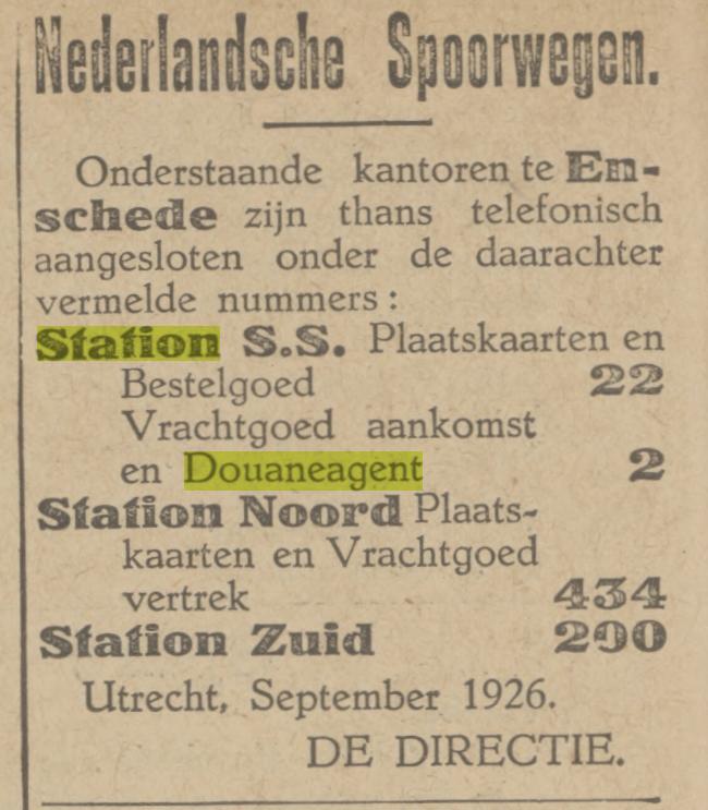 Station S.S. Nederlandsche Spoorwegen Douaneagent krantenbericht Tubantia 5-10-1926.jpg