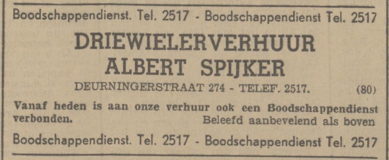 Deurningerstraat 274 driewielerverhuur Albert Spijker advertentie Tubantia 20-7-1942.jpg