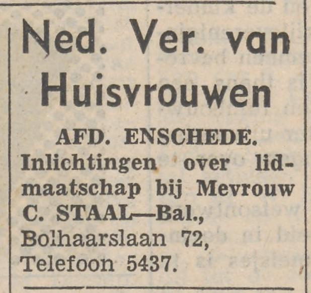 Bolhaarslaan 72 Mevr. C. Staal-Bal advertentie Tubantia 15-9-1953.jpg