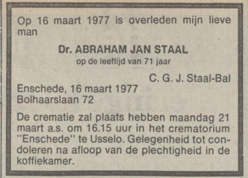 Bolhaarslaan 72 Dr. A. J. Staal overlijdensadvertentie NRC Handelsblad 18-3-1977.jpg
