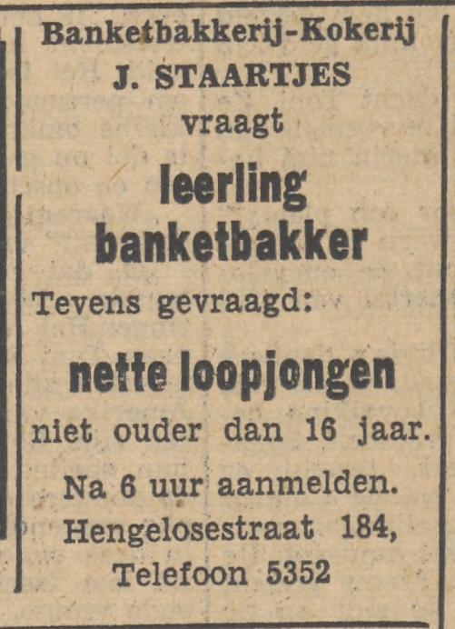 Hengelosestraat 184 Banketbakkerij-kokerij J. Staartjes advertentie Tubantia 1-12-1952.jpg