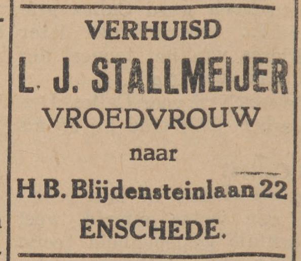 H.B. Blijdensteinlaan 22 L.J. Stallmeijer vroedvrouw  advertentie Twentsche Courant 4-8-1928.jpg