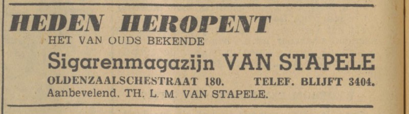 Oldenzaalsestraat 180 Th.L.M. van Stapele Sigarenmagazijn advertentie Tubantia 6-7-1940.jpg