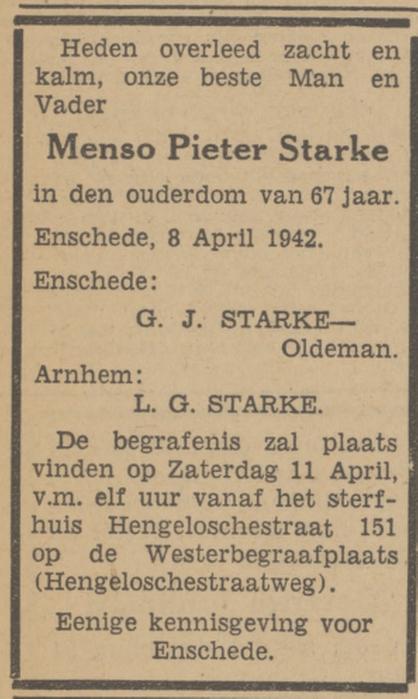 Hengelosestraat 151 M.P. Starke overlijdensadvertentie Tubantia 9-4-1942.jpg