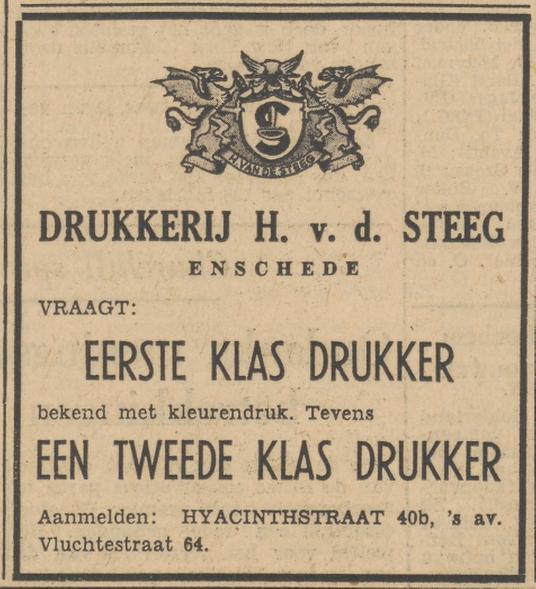 Hyacinthstraat 40b 's avonds De Vluchtestraat 64 Drukkerij H. van de Steeg advertentie Tubantia 13-10-1952.jpg