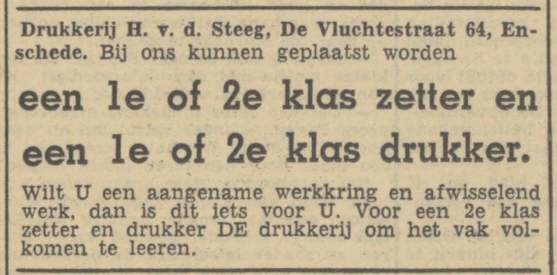 De Vluchtestraat 64 Drukkerij H. van de Steeg advertentie Tubantia 8-11-1946.jpg