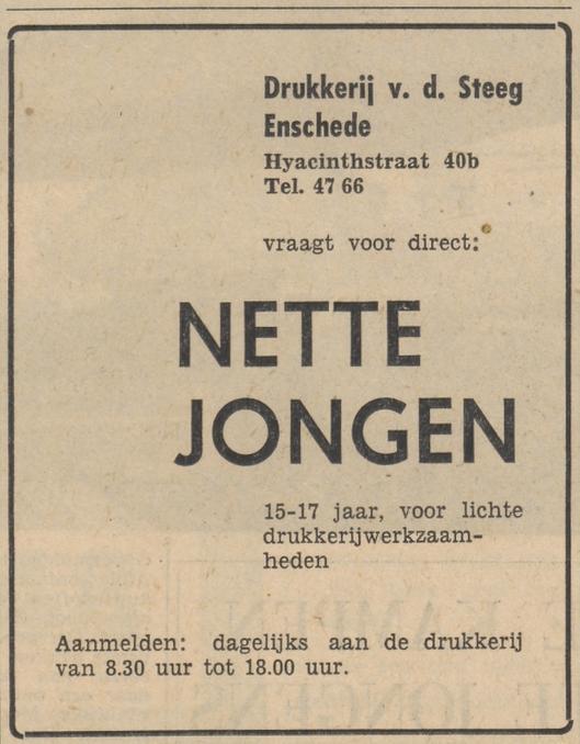 Hyacinthstraat 40b Drukkerij v.d. Steeg advertentie Tubantia 13-2-1964.jpg