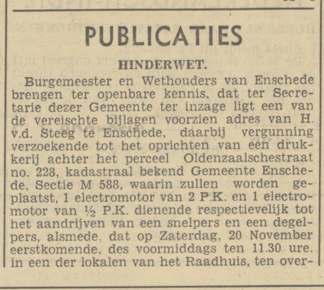 Oldenzaalsestraat 228 achter Drukkerij H. van de Steeg krantenbericht Tubantia 10-11-1937.jpg