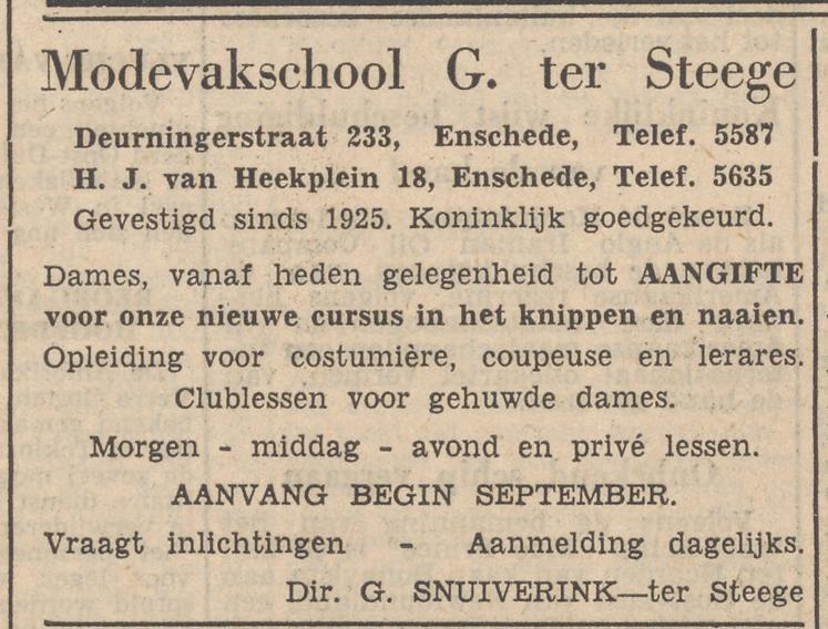 Deurningerstraat 233 Modevakschool G. ter Steege advertentie Tubantia 26-8-1952.jpg
