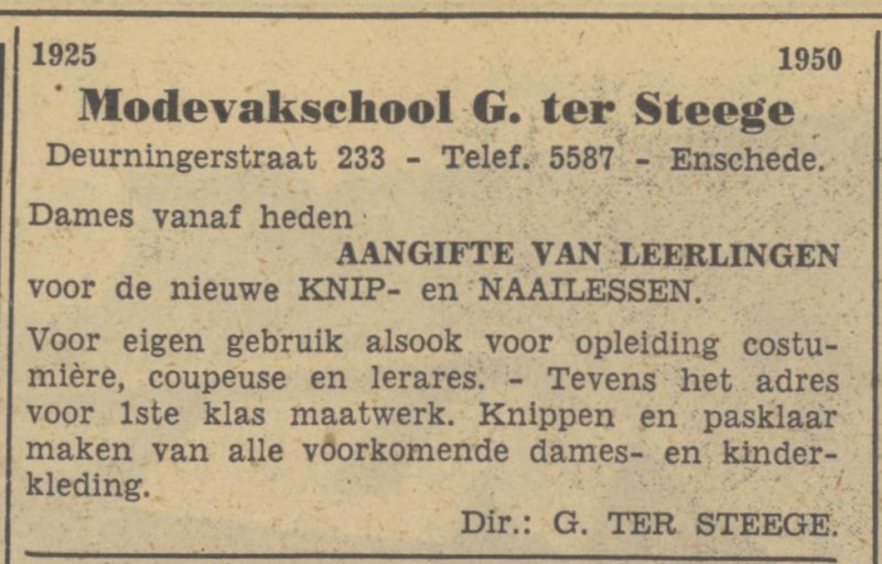 Deurningerstraat 233 Modevakschool G. ter Steege advertentie Tubantia 7-3-1950.jpg