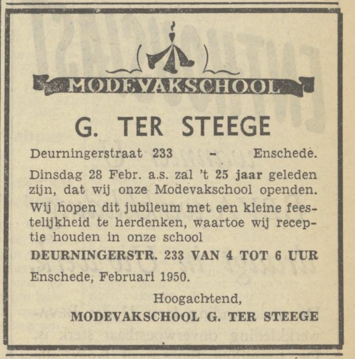 Deurningerstraat 233 Modevakschool G. ter Steege advertentie Tubantia 23-2-1950.jpg