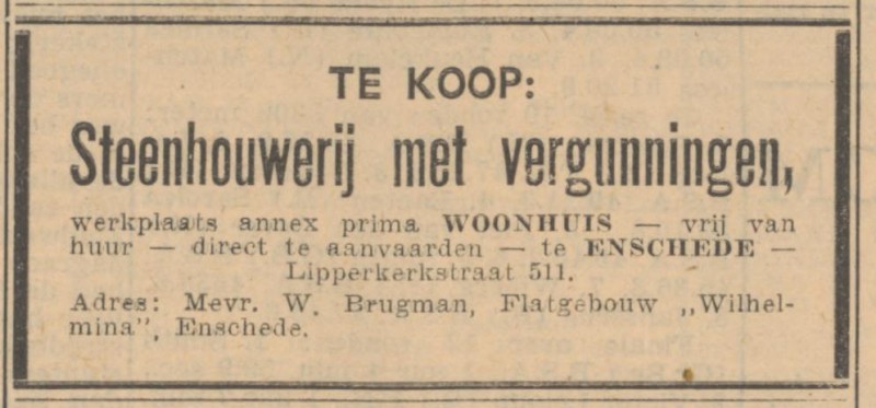 Lipperkerkstraat 511 Steenhouwerij W. Brugman advertentie Algemeen Handelsblad 14-6-1954.jpg