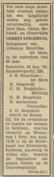 Haaksbergerstraat 235 Gerrit Stegehuis overlijdensadvertentie Tubantia 30-1-1950.jpg