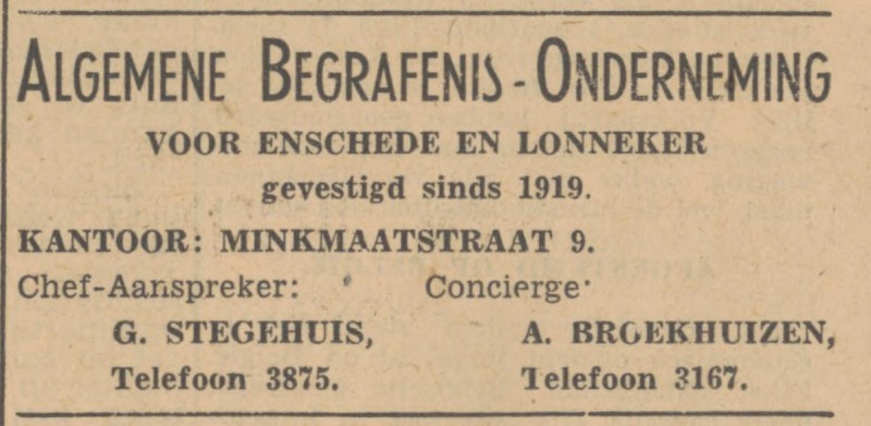 G. Stegehuis Chef-Aanspreker Algemene Begrafenis-Onderneming. telf. 3875. advertentie Tubantia 23-9-1947.jpg