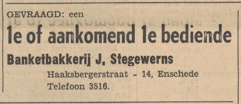Haaksbergerstraat 14 Banketbakkerij J. Stegewerns advertentie Tubantia 15-10-1956.jpg
