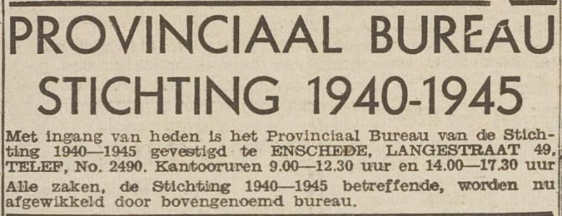 Langestraat 49 Provinciaal Bureau Stichting 1940-1945 advertentie Het Vrije Volk 30-4-1946.jpg