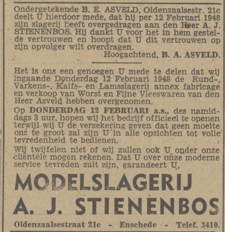 Oldenzaalsestraat 21c modelslagerij A.J. Stienenbos advertentie Tubantia 11-2-1948.jpg