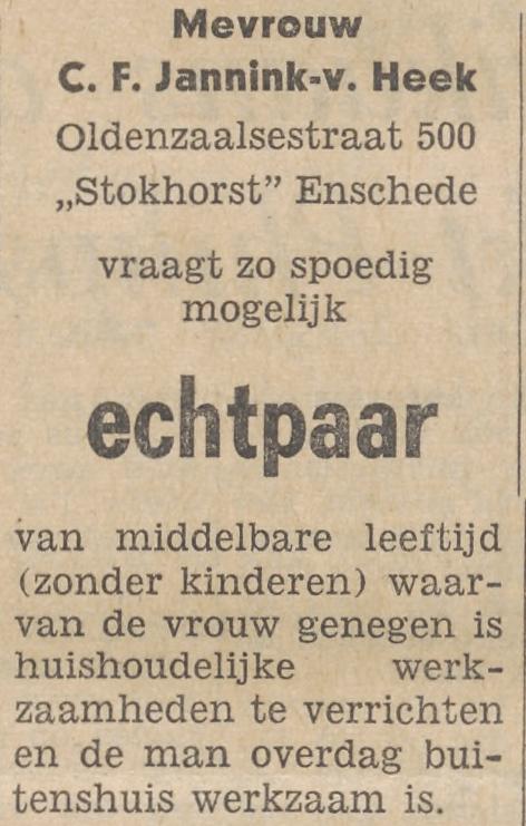 Oldenzaalsestraat 500 Stokhorst Mevr. C.F. Jannink-van Heek advertentie Tubantia 1-9-1965.jpg