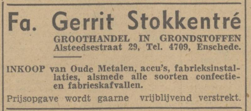 Alsteedsestraat 29 Fa. Gerrit Stokkentré advertentie Tubantia 16-2-1948.jpg