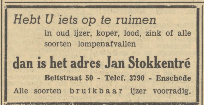 Beltstraat 50 Jan Stokkentré advertentie Tubantia 28-9-1949.jpg