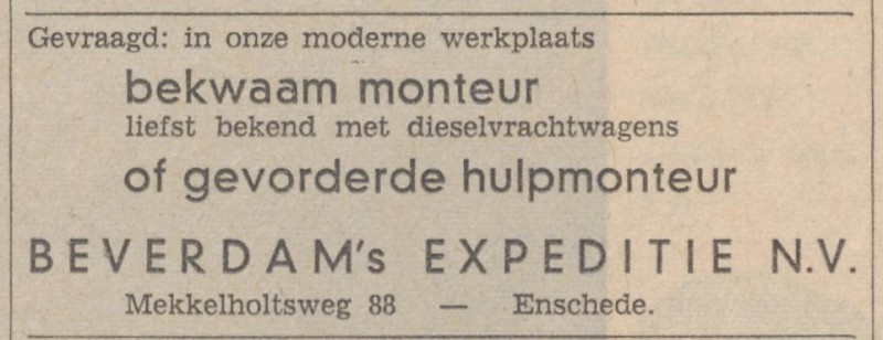 Mekkelholtsweg 88 Beverdam's Expeditie N.V. advertentie Tubantia 3-11-1965.jpg