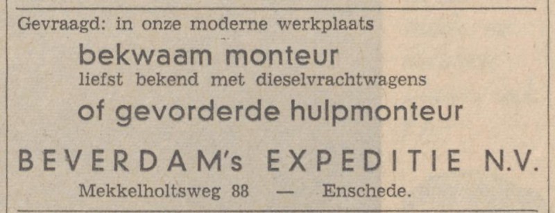 Mekkelholtsweg 88 Beverdam's Expeditie N.V. advertentie Tubantia 3-11-1965.jpg
