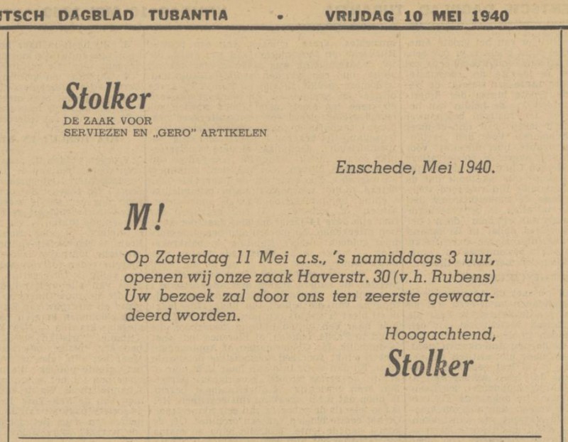 Haverstraat 30 Stolker zaak voor serviezen advertentie Tubantia 10-5-1940.jpg
