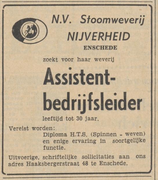 Haaksbergerstraat 48 N.V. Stoomweverij Nijverheid advertentie Tubantia 12-10-1959.jpg