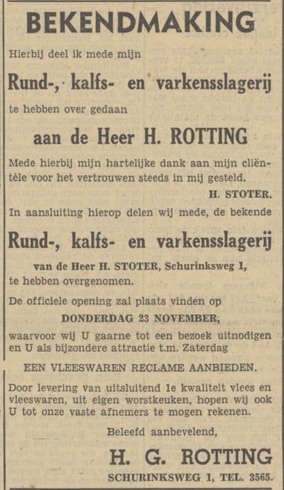 Schurinksweg 1 H. Stoter Slager advertentie Tubantia 21-11-1950.jpg