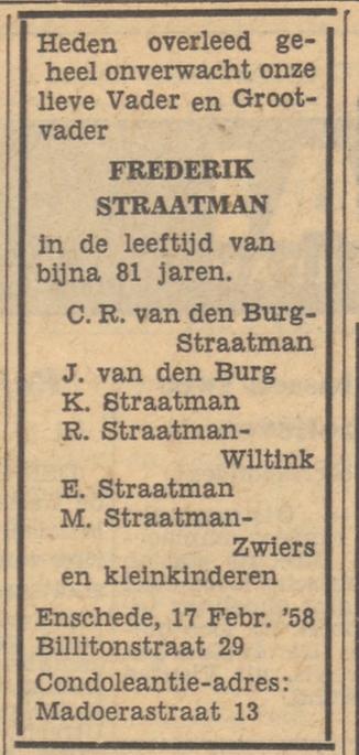 Madoerastraat 13 K. Straatman advertentie Tubantia 18-2-1958.jpg