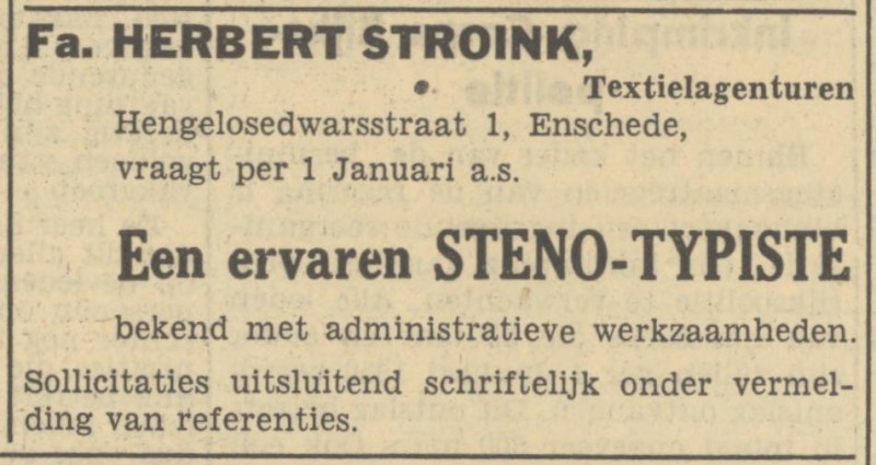 Hengelosedwarsstraat 1 Fa. Herbert Stroink Textielagenturen advertentie Tubantia 16-11-1949.jpg