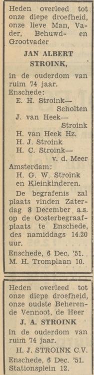 M.H. Tromplaan 10 J.A. Stroink overlijdensadvertentie Tubantia 6-12-1951.jpg