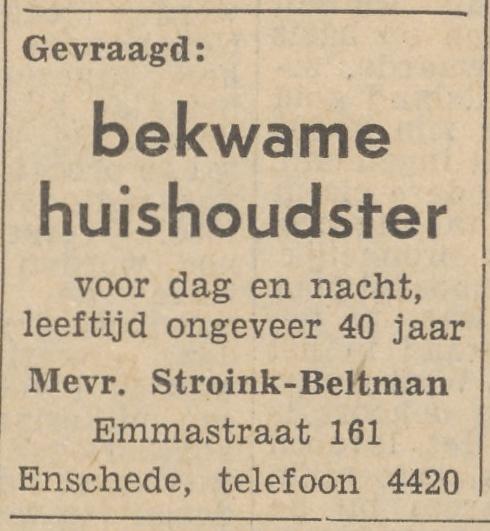 Emmastraat 161 Mevr. Stroink-Beltman advertentie Tubantia 21-1-1959.jpg
