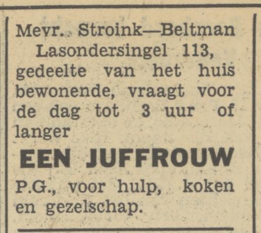 Lasondersingel 113 Mevr. Stroink-Beltman advertentie Tubantia 31-1-1950.jpg