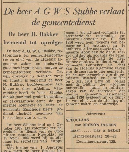A.G.W.S. Stubbe Referendaris Gemeentesecretarie chef afdeling Algemene Zaken en Onderwijs krantenbericht Tubantia 30-9-1955.jpg